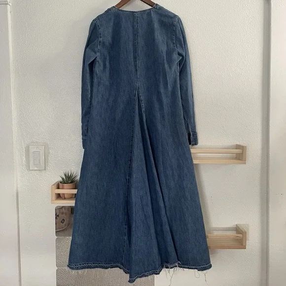 ZARA The Tilda Denim Blue Cotton Maxi Dress Raw Hem Long Sleeves Medium - Picture 2 of 8